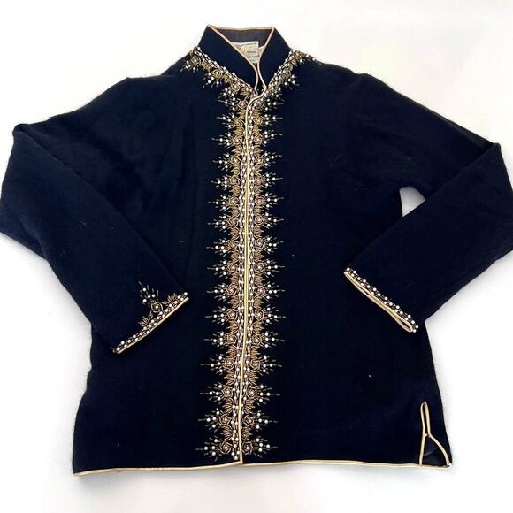 Vintage Paris Cecile Bermuda Black/Gold/Pearl Beaded Lined Wool Cardigan- 36(S) - Picture 1 of 8